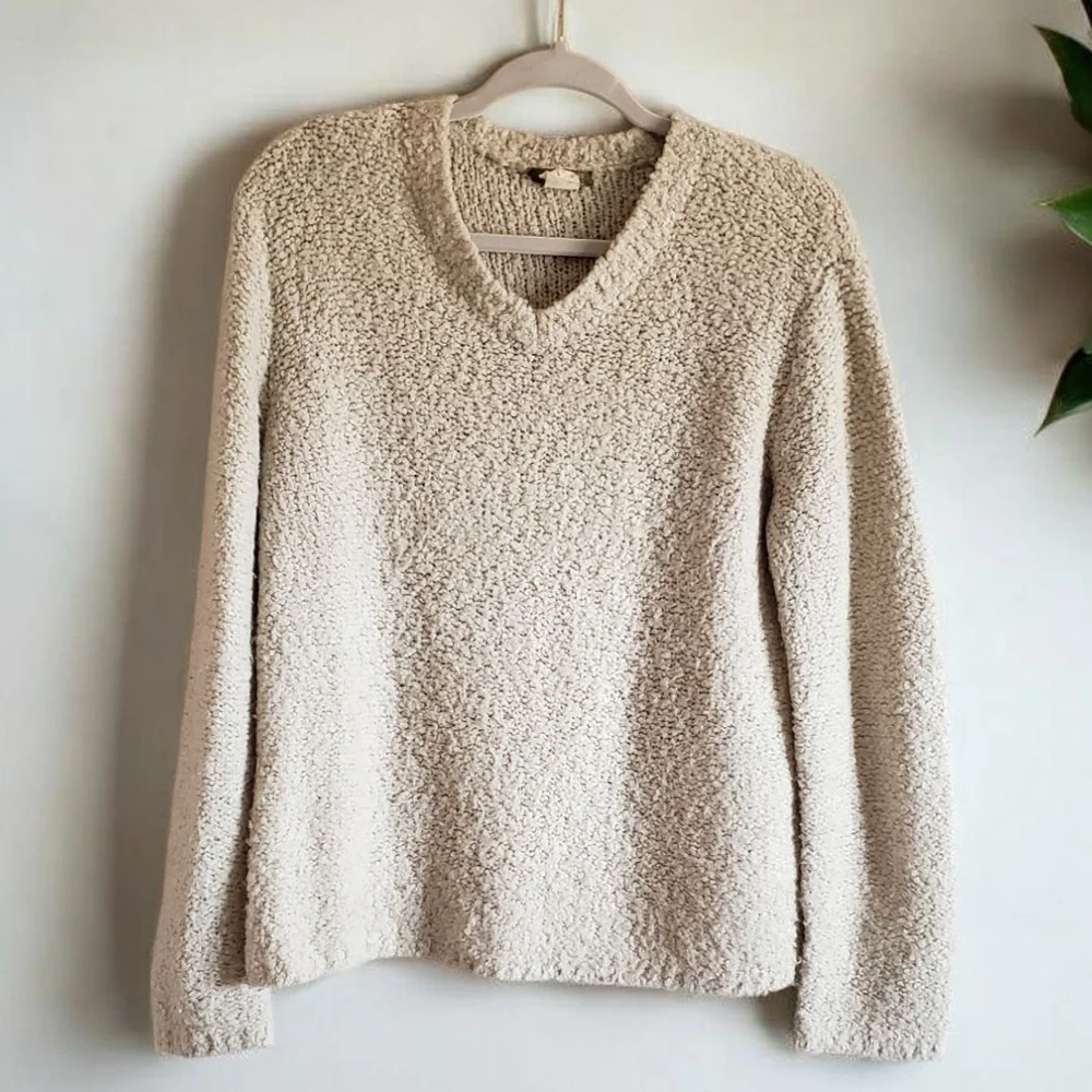 J. Crew Sweater Vintage Womens Cream S Wool Blend Cozy V-Neck Relaxed Pullover